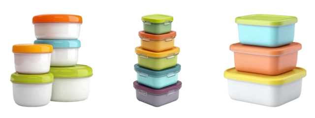 Colorful food storage containers with lids in various sizes, neatly stacked on transparent background