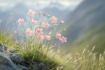 Delicate pink flowers in a grassy meadow.