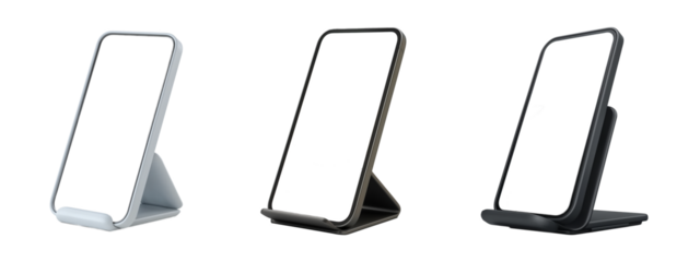 3D render of foldable phone stands in sleek dark tones, ideal for workspace setups on transparent background