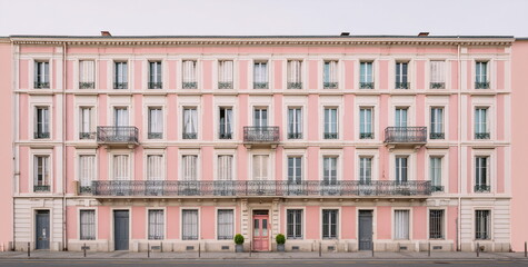 A pastel pink neoclassical building with rows of windows and two small trees stands under a soft blue sky, capturing minimalism, calmness, and architectural symmetry.

