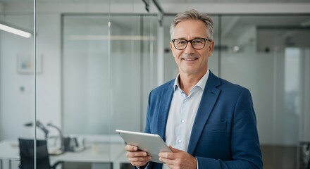 A confident and professional man in an office setting holding a tablet computer. He is wearing glasses and a business suit
