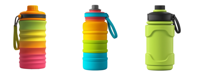 Colorful collapsible silicone water bottles with caps and carrying straps on transparent background