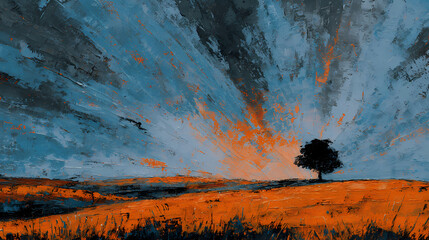 book cover for rural solitude | the drama of growth | spiritual turbulence | Prussian blue and orange | central foreground weight | crow-covered horizons | radiating strokes | gestural linework |