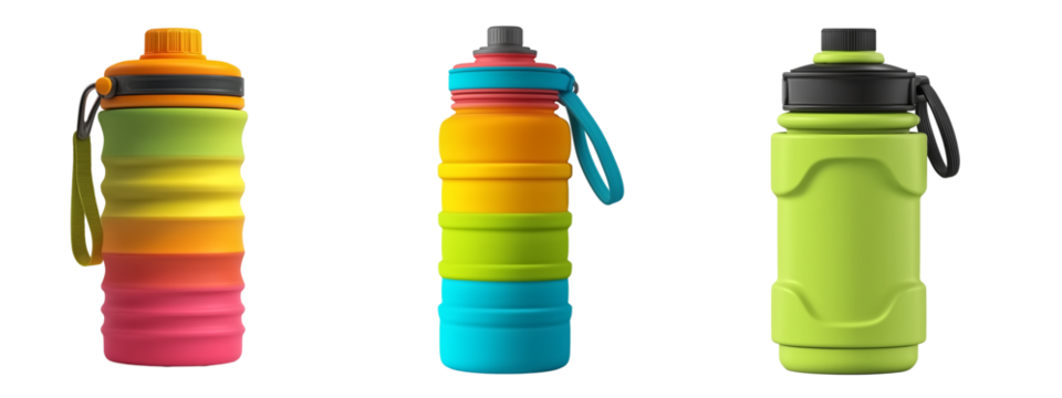 Colorful collapsible silicone water bottles with caps and carrying straps on transparent background