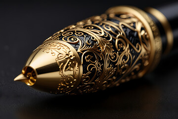 Elegant golden fountain pen with a glistening nib on a black background, poised for writing a classic signature on paper.