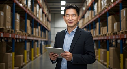 Successful entrepreneur in warehouse management, overseeing the supply chain and logistics with confidence. The man smiles and holds a tablet