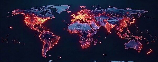 Global communication network visualized as interconnected glowing nodes on a dark background, representing international connectivity and data flow , progress, network