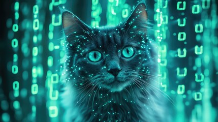 Enigmatic Cat Surrounded by Neon Binary Code and Glowing Data Streams Symbolizing Technology and Modern Connectivity in a Futuristic Setting