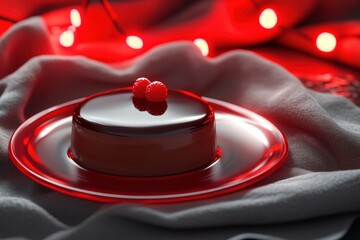 Chocolate dessert with raspberries on a red plate.