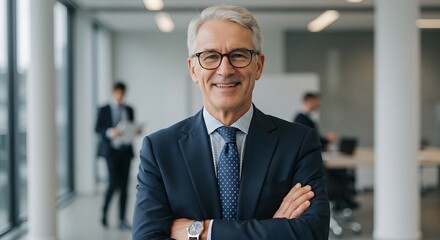 Obraz premium Smiling senior businessman with arms crossed in modern office