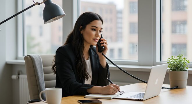 A professional business woman working at her desk and speaking on the phone in a modern office setting. She's taking notes while working on her laptop, showcasing productivity. - Powered by Adobe