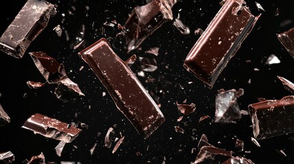 Dynamic Scene of Flying Dark Chocolate Pieces Breaking Apart in a Dramatic Explosion Effect Against a Black Background for Culinary Imagery and Design Purposes