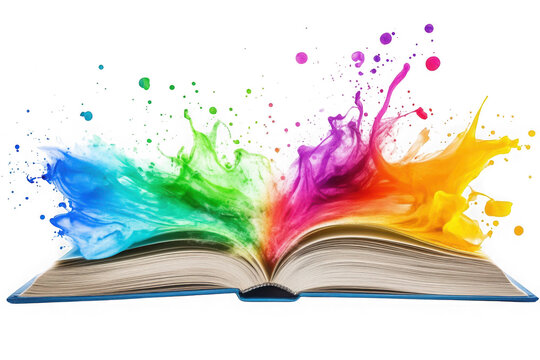 Colorful book with paint splashes png, open book with rainbow colors, illustration, design element, isolated on transparent background