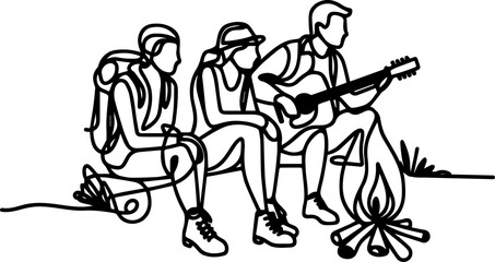 Fototapeta premium Three campers enjoying music by the campfire in nature 