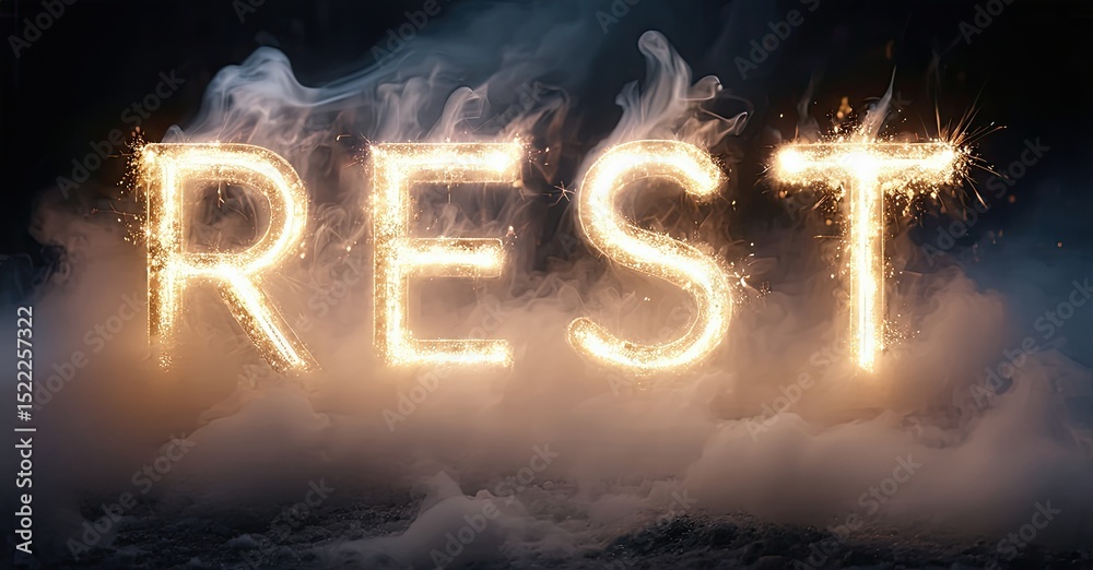 Poster glowing word rest emerges from smoky waves. dramatic lighting creates intense visual impact. dark ba