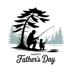 Happy Fathers Day Design of Father and Son Fishing Under Tree in Silhouette

