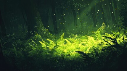 Naklejka premium Lush Green Forest Scene with Ferns and Sunlight Filtering Through Trees, Creating a Serene and Mystical Atmosphere in Nature