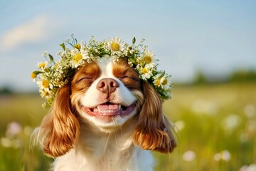 Sunny daylight. Cute baby dog cavalier king charles spaniel wearing primal flower crown on its head. Vacation time happiness. Beautiful dog in bloom. Smiling pet traveler in nature.