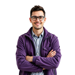Confident young man smiling with arms crossed wearing glasses and a casual outfit against a white background