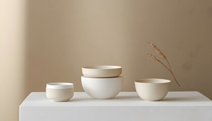 Stacked bowls of muted tones against a neutral backdrop.