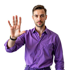 Professional man in purple shirt gesturing stop with hand, isolated on white background for business concept