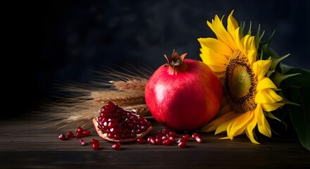 still life o natura morta con melograno, girasole e spighe di grano: simbolo di fortuna abbondanza e benessere