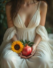Fortuna e Benessere: giovane donna con melograno, e girasole: simbolo di fortuna abbondanza e benessere
