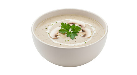 Isolated Creamy Mushroom Soup with Parsley in White Bowl on Transparent