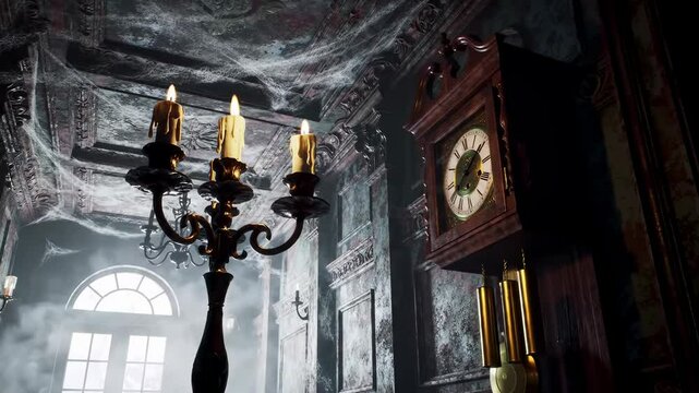 Candle chandelier and antique grandfather clock in spooky hallway with cobwebs. Halloween interior.