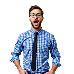 Excited Young Man in Blue Checked Shirt and Black Tie with Glasses Expressing Surprise with Open Mouth