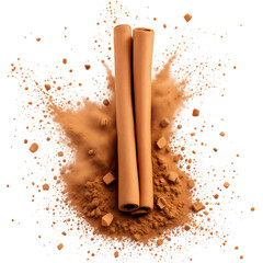 Two cinnamon sticks centered on a bed of cinnamon powder against a black background