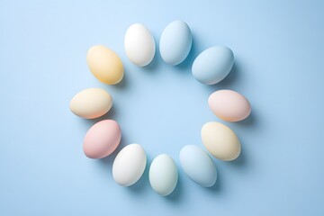 A circle of pastel eggs in a minimalist composition evokes a sense of spring, renewal, and gentle aesthetics. The light blue backdrop complements the subtle tones of the eggs.