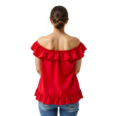 Woman Wearing Off-Shoulder Red Top with Ruffled Sleeves, Stylish Casual Look from Behind with Natural Hair