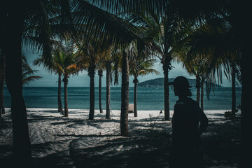 Woman walking through palm grove toward the sea.
