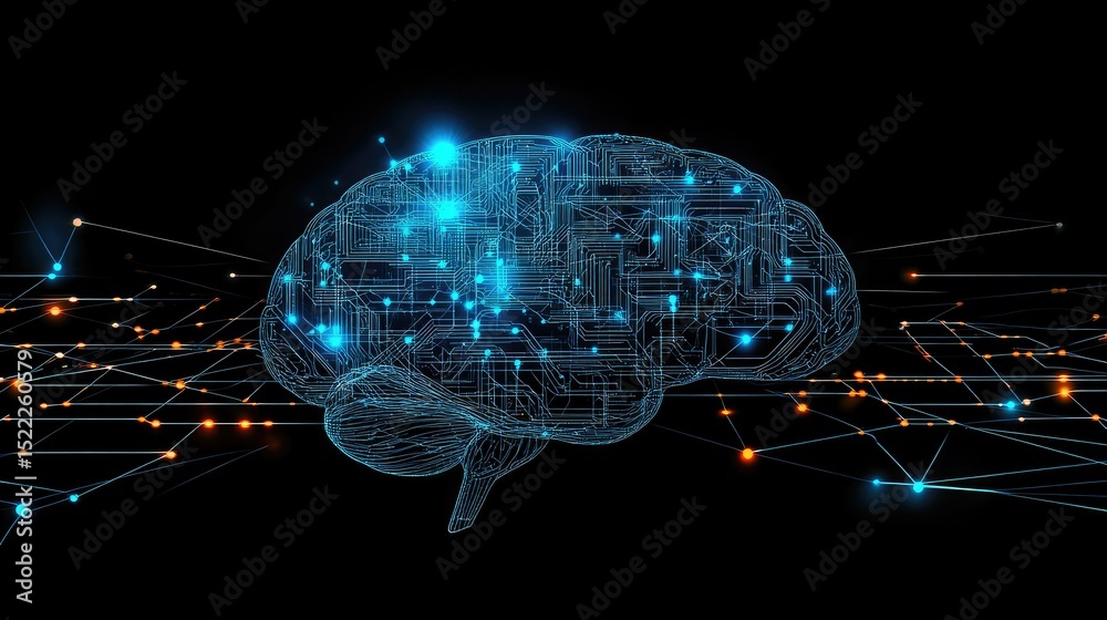 Poster futuristic digital brain illustration symbolizing artificial intelligence, neural networks, and tech