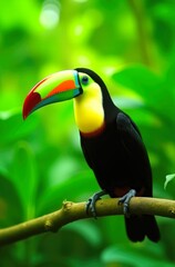 Fototapeta premium Colorful toucan perched on forest branch among green leaves
