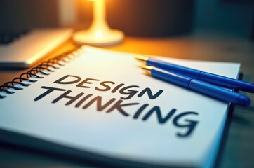Notebook labeled "design thinking," with pens and laptop nearby