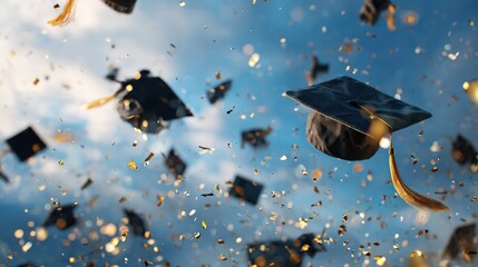 Graduation caps flying in the air with confetti celebrating the graduates