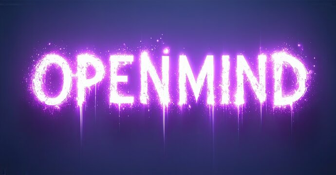 Bright purple text spells OPENMIND. Neon glow radiates from letters, dripping light downwards against dark background. Visual impact strong.