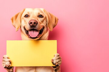 Ð¡ute dog labrador retriever hold in front paws a layout - large yellow boulevard sign. Isolated dog on a solid dress code pink background. Clean promo animal shot. Puppy with banner.