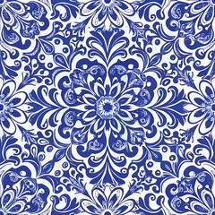 Blue and White Porcelain Tile Seamless Pattern – Intricate Floral & Geometric Delftware-Inspired Design