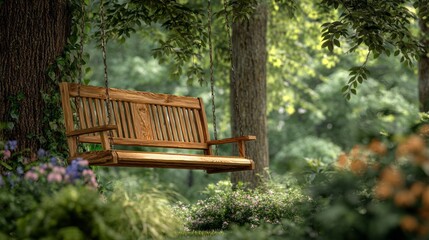 A wooden swing is hanging from a tree in a lush green forest