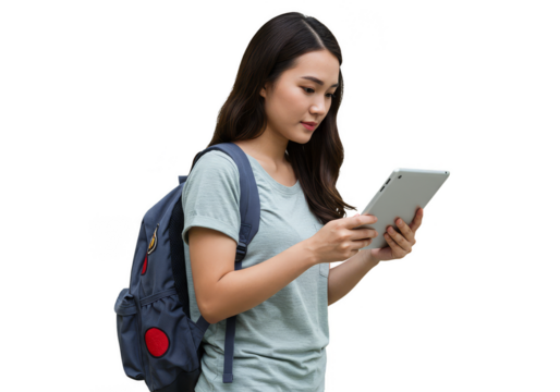 Isolated Full Shot of an Asian Woman with Tablet and Backpack