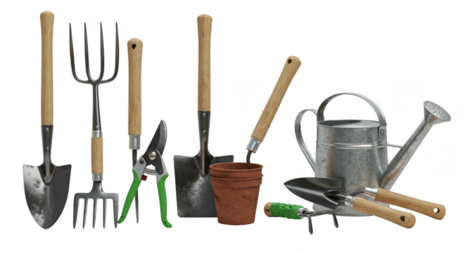 Isolated Gardening Tools with Wooden Handles on Transparent Background