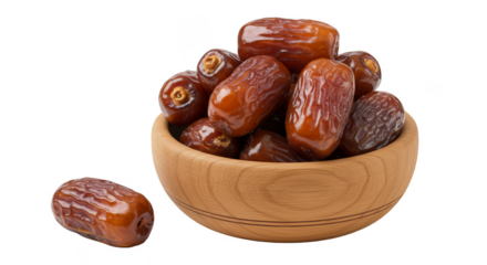 Isolated Food Photo of Ripe Dates in Wooden Bowl Sweet and Healthy