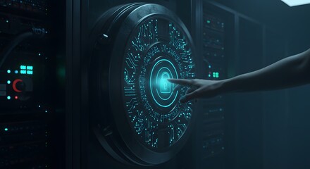 Futuristic Technology Interface Hand Interacting with a Holographic Circular Control Panel Secure Data Protection