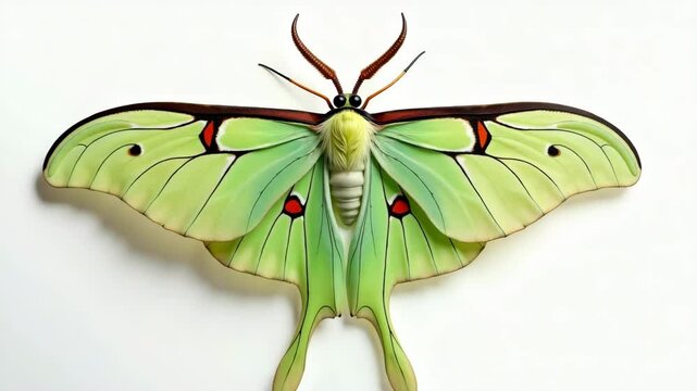 Green luna moth with long tails and red eye spots gently flapping wings on white background, fantasy loop animation for nature and dreamlike projects