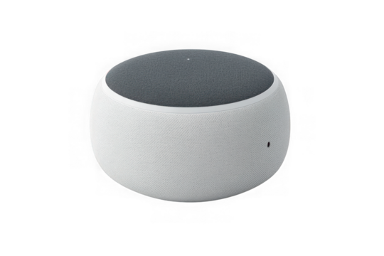 Stock photo of white smart home device, voice assistant speaker, modern technology, electronic gadget isolated on transparent background