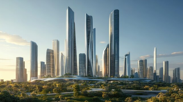 Futuristic cityscape featuring sleek skyscrapers and modern architecture surrounded by lush greenery in a vibrant urban environment during sunrise