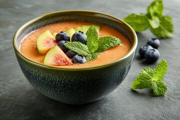 A bowl of vibrant smoothie topped with fresh fruit and herbs.